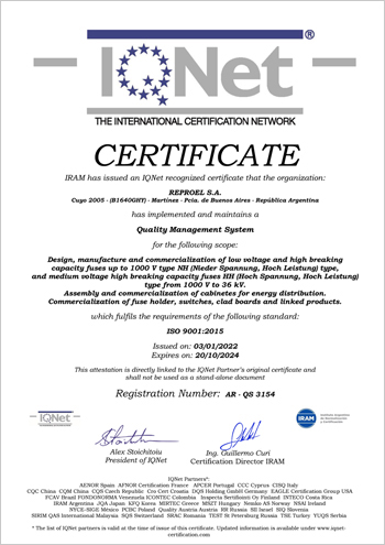 REPROEL Certificado de Sistemas de gestión IQNet ISO 9001:2015
