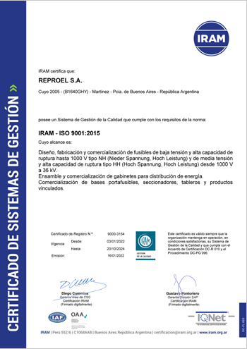REPROEL Certificado de Sistemas de gestión IRAM ISO 9001:2015
